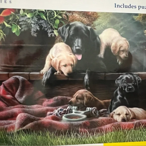 500 Pc DOG Puzzle 🧩 “Cozy Moments” Pic by Artist Kevin Daniel: Lab & Puppies - Picture 7 of 7